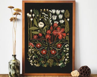Vintage botanische Schmetterlings-Illustration, Nachtgarten, Blumen-Wand-Dekor, Mottenwandkunst