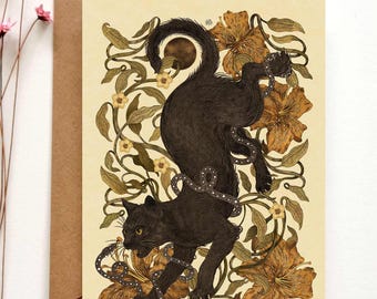 Cat and Snake Postcard, Cat cards, Cats lover greeting card, Art from Artist