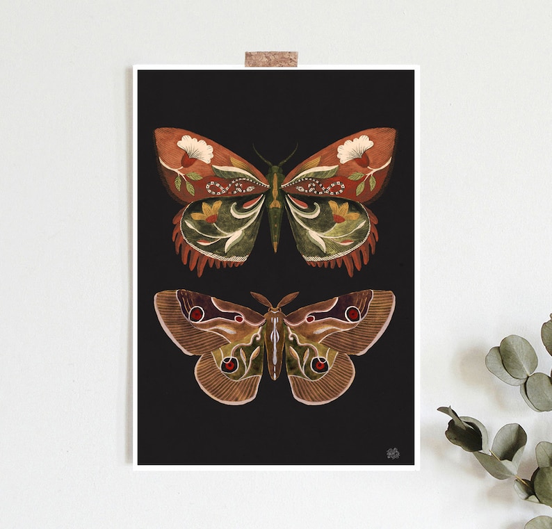 Butterfly print, botanical illustrations, folk insect print, boho Aesthetic, Cottagecore Nature print, butterfly art, black butterfly print image 5