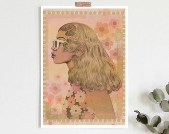 Retro 60s women poster, Art giclée print, Female Portrait,Floral illustration, print, Woman, art print,Feminist art, Floral Pattern Print,
