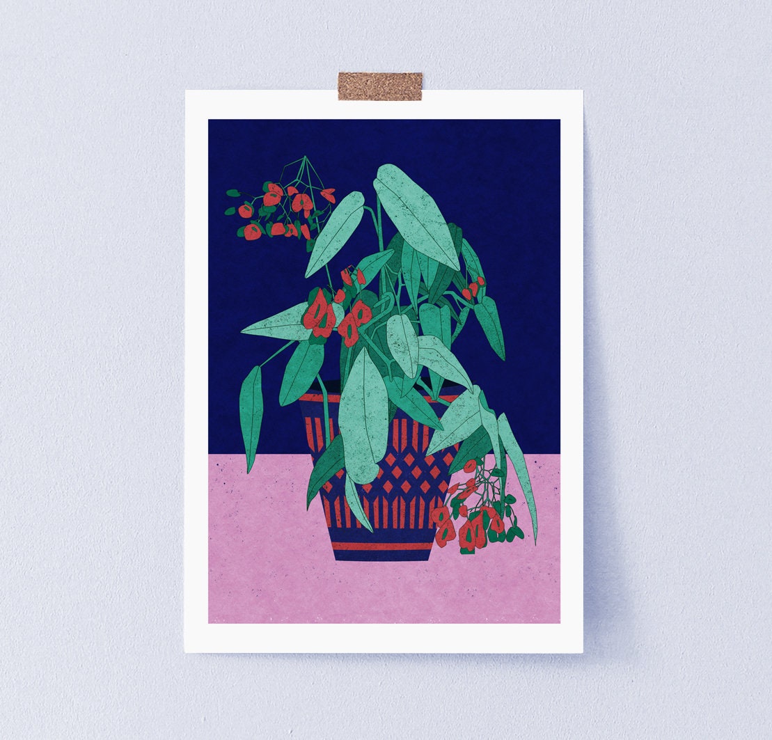 ART127　「ベゴニア」ボタニカルアート Begonia Art Print, Flowers Illustration, House Plant Art, Green