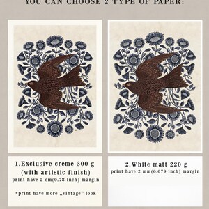 K&ouml;nnte beinhalten: Zwei Papierarten f&uuml;r Drucke: Exklusives Creme 300 g mit k&uuml;nstlerischem Finish, Druck mit 2 cm Rand und Wei&szlig; matt 220 g, Druck mit 2 mm Rand. Beide Optionen zeigen einen braunen Vogel mit blauem Blumendesign.