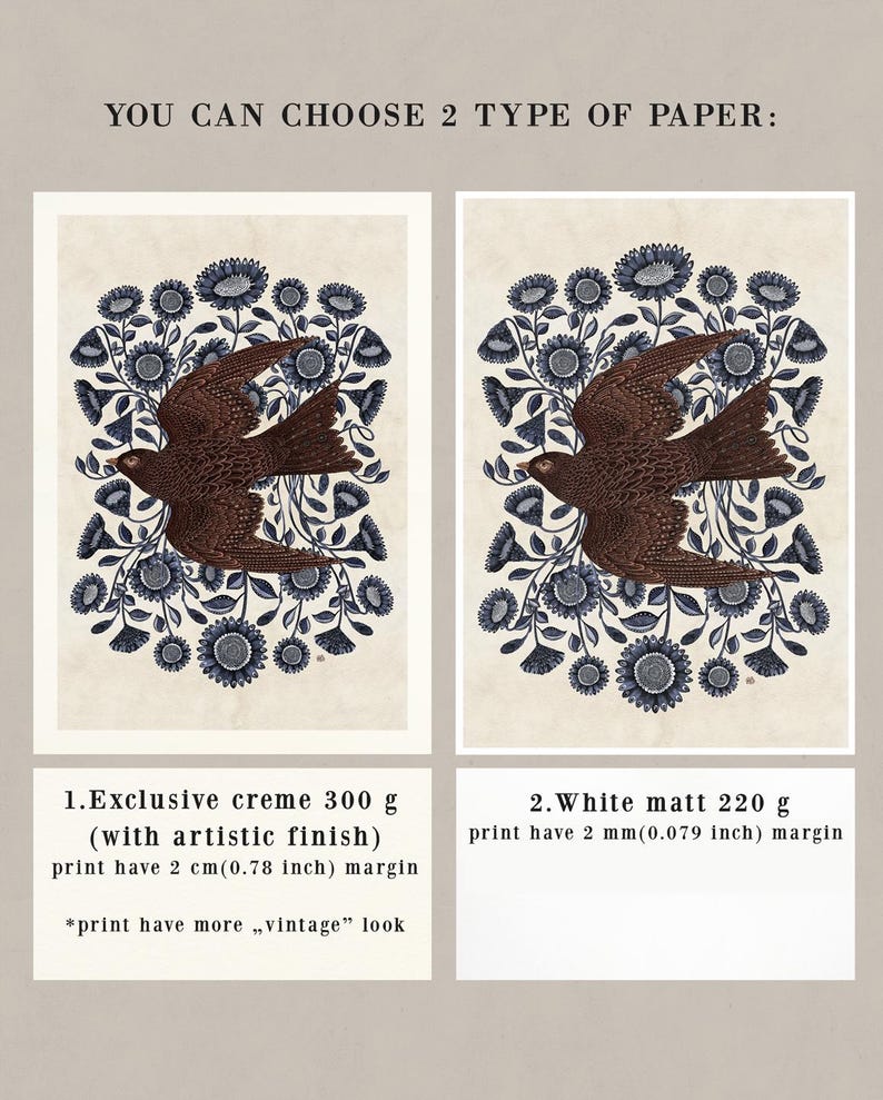 K&ouml;nnte beinhalten: Zwei Papierarten f&uuml;r Drucke: Exklusives Creme 300 g mit k&uuml;nstlerischem Finish, Druck mit 2 cm Rand und Wei&szlig; matt 220 g, Druck mit 2 mm Rand. Beide Optionen zeigen einen braunen Vogel mit blauem Blumendesign.