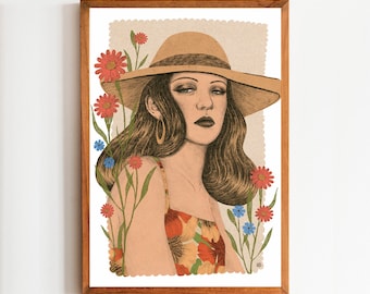Sombrero de verano, Estampado art giclée, Ilustración floral, estampado, Mujer, lámina, Arte feminista, ilustración de mujeres, Retrato femenino, chica con sombrero