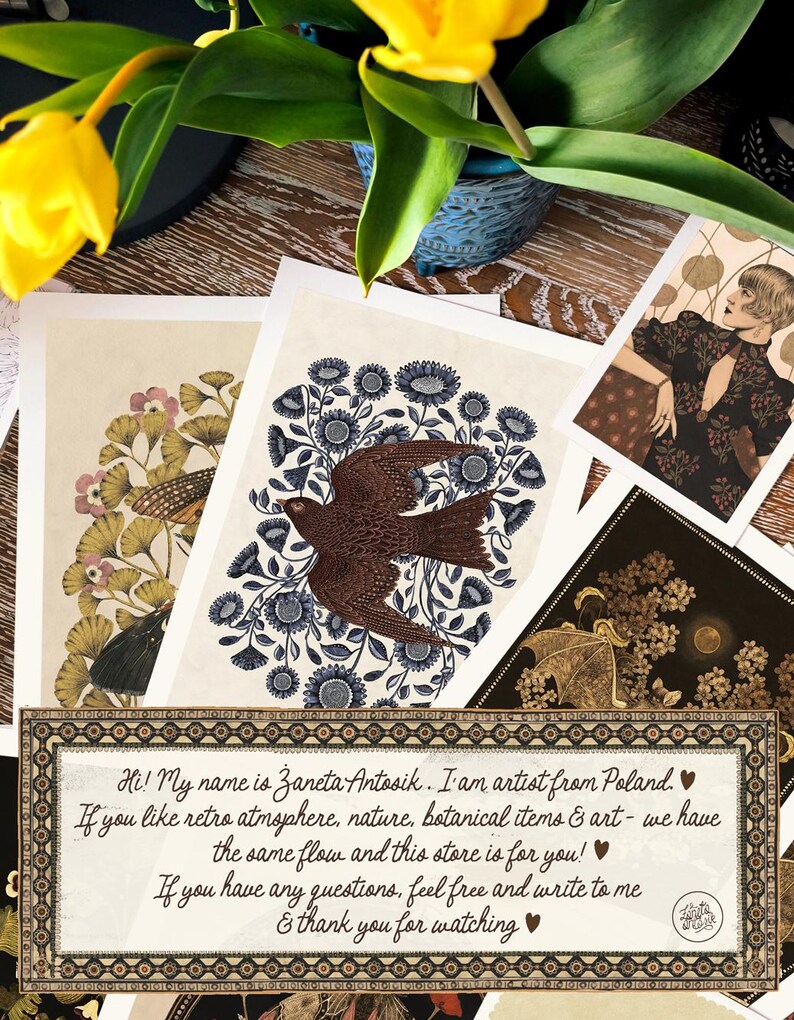 K&ouml;nnte beinhalten: Eine digitale Illustration eines braunen Vogels mit blauen und wei&szlig;en Blumen. Der Text lautet "Hi! My name is Žaneta Antosik. I'am artist from Poland. If you like retro atmsphere, nature, botanical items & art - we have the same flow and this store is for you!❤❤ If you have any questions, feel free and write to me & thank you for watching"
