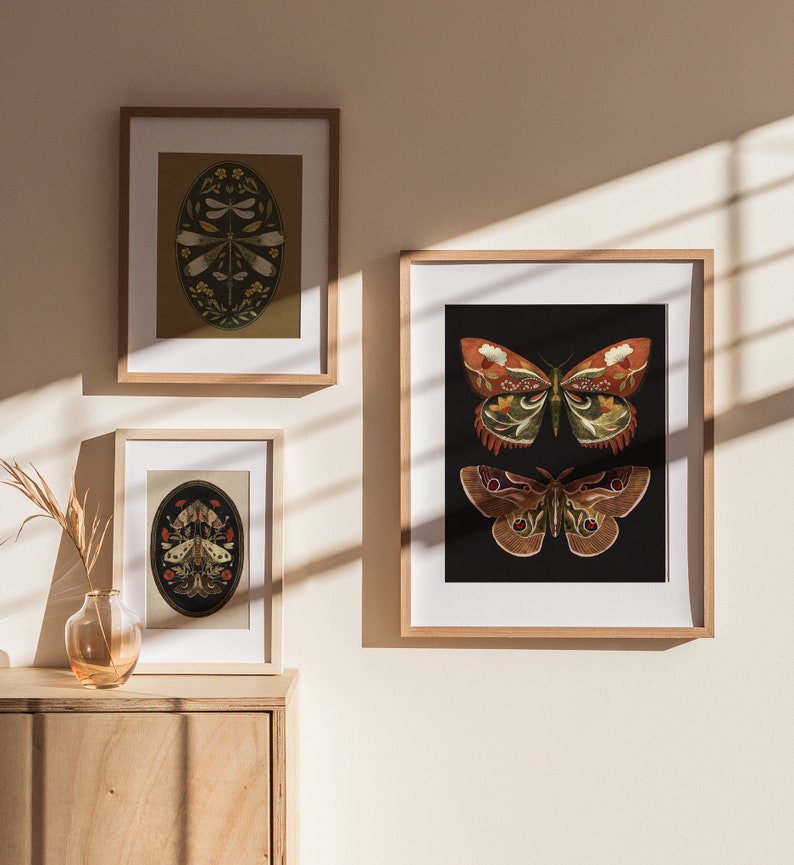 Butterfly print, botanical illustrations, folk insect print, boho Aesthetic, Cottagecore Nature print, butterfly art, black butterfly print image 2
