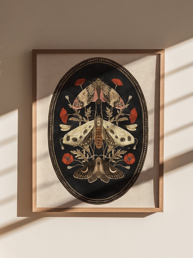 Moths and poppy flowers, botanical illustrations, magic art print, boho Aesthetic, poppy art print, Cottagecore Nature print, moths giclee image 1