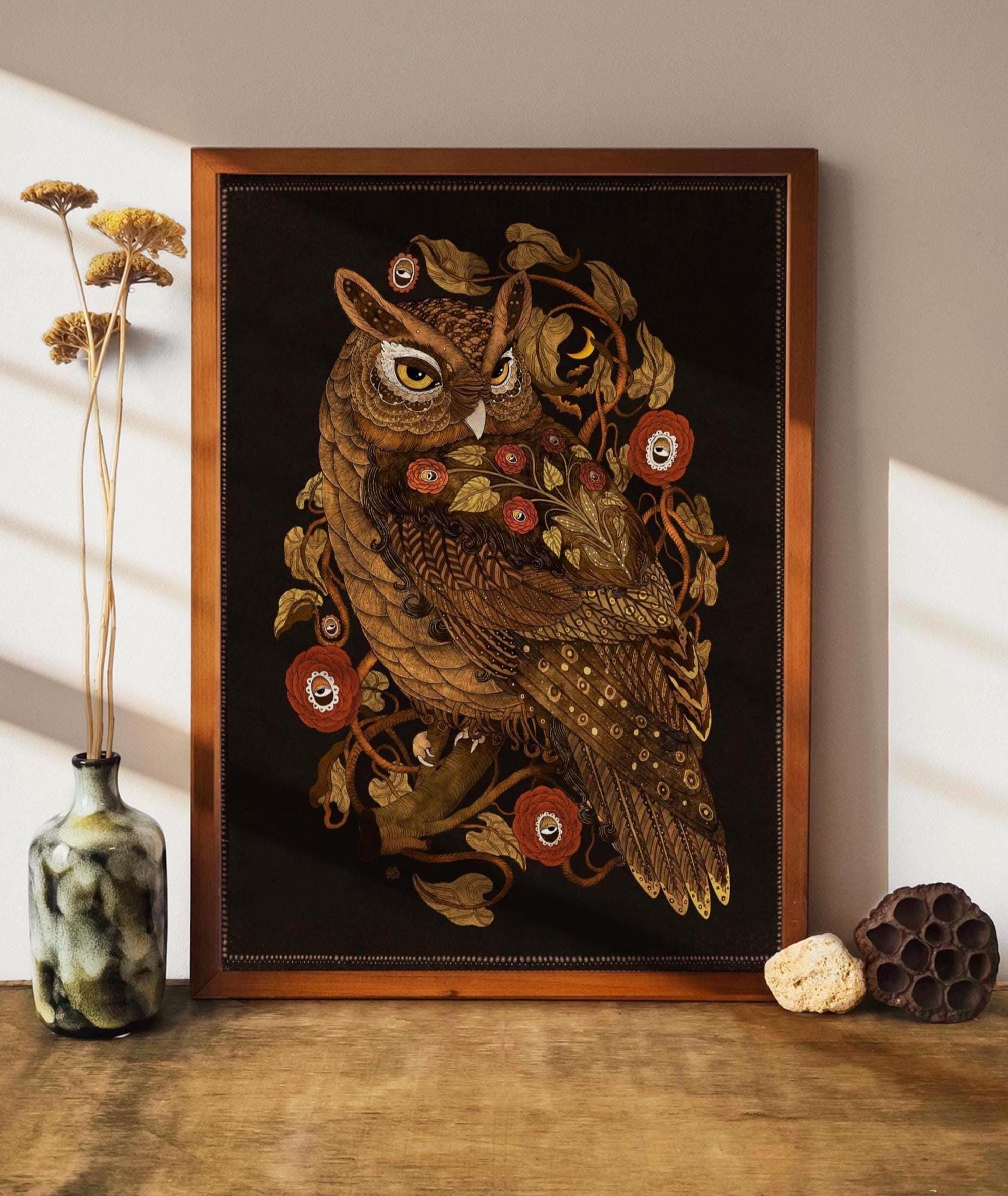 Owl and Roses Art Print: Botanical Bird Poster, Owl Wall Decor, Folk Nature illustration