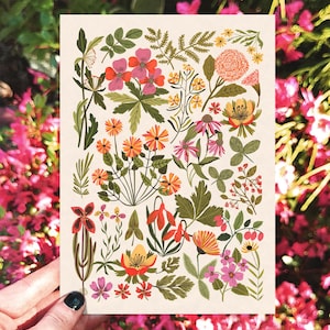 Carte de fleurs sauvages, carte de voeux botanique, carte d'anniversaire, cartes de fleurs, carte de plantes, carte de fleurs d'été, carte de fleurs, carte postale d'été