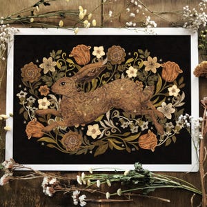Rabbit and Wildflowers Print: Vintage Botanical Wall Art