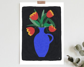 Impresión artística de jarrón de tulipanes: ilustración botánica, arte mural floral