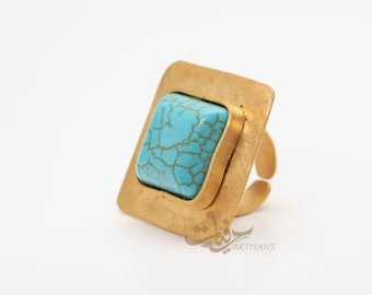 Handmade Square Ring with Turquoise bead, hammered and textured Ring, women gift
