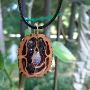Pode incluir: Um colar com um pingente de madeira com um design entalhado e uma gema roxa no centro. O pingente está preso a um cordão preto.