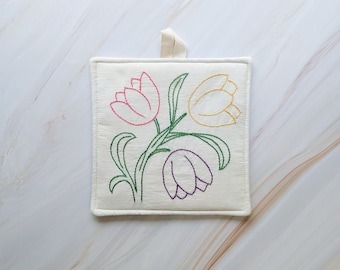 Vintage Hand Embroidered Pot Holder - Pink Yellow and Purple Tulips - One of A Kind