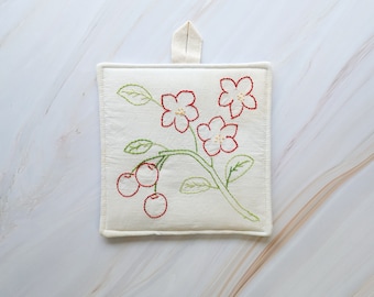 Vintage Hand Embroidered Pot Holder - Red Flowers and Cherries - One of A Kind