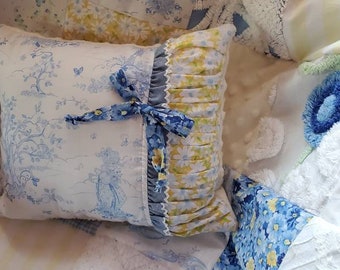 Vintage Precious Moments Windswept Toile, SUNSHINE and Chenille Heirloom baby quilt toddler bedding in BLUE