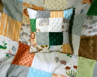 Farmhouse Jungle Animal vintage chenille and minky neutral baby boy girl patchwork crib quilt bedding gift set.