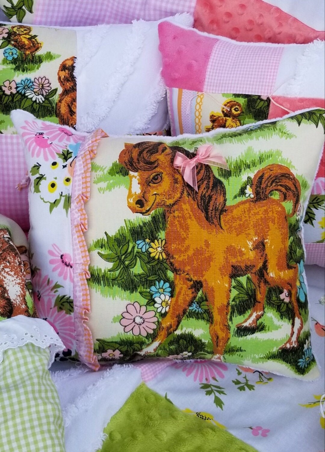 SWEETEST Vintage Chenille Baby Girl Quilt Rustic Farm Animal Toddler