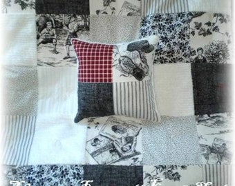 Vintage Chenille Black Baseball Toile Red Homespun Baby  Bedding Set