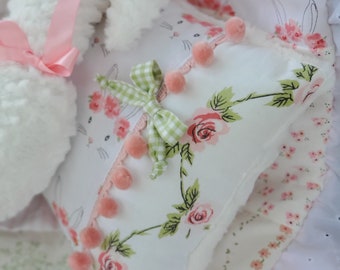 Some BUNNY Loves you! Vintage Shabby Chenille Roses Bunnies Minky Custom Baby Girl Bedding Quilt Set