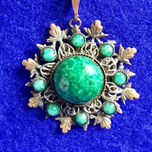 1920s Vintage Bohemian Malachite and Pressed Brass Pendant