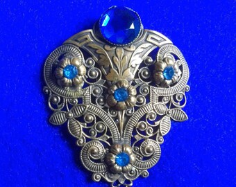 Bohemian Art Nouveau Dress Clip with Blue glass Rhinestones