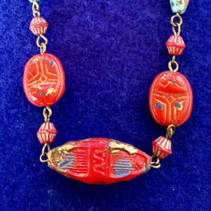 Fabulous ‘Red Scarab’ 1920s Max Neiger Art Deco Egyptian Revival Sarcophagus and Scarab Necklace