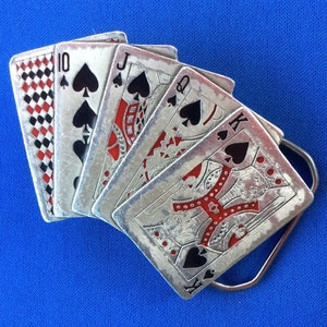 Vintage 'Royal Flush Buckle' 1979 Great American Buckle Co. Casino Cards Deck Gambling Black Jack Poker Spades con ace oculto en Pewter