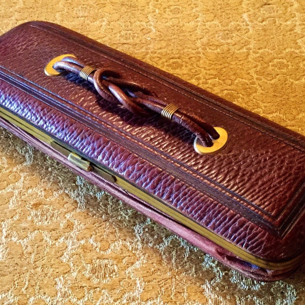 A Rare 19th Century French Antique Expanding Leather Glove Case with Purple Moire Silk Lining