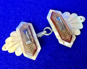 Antique 1920s Art Deco Buckle in Carved Mother Of Pearl & Lucite