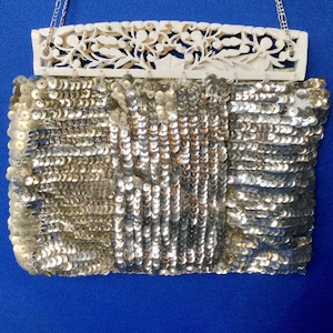 1920s Sequinned Evening Bag with Intricate Carved Celluloid Detail & Belt Loop and Chain in Flapper Jazz Age Style