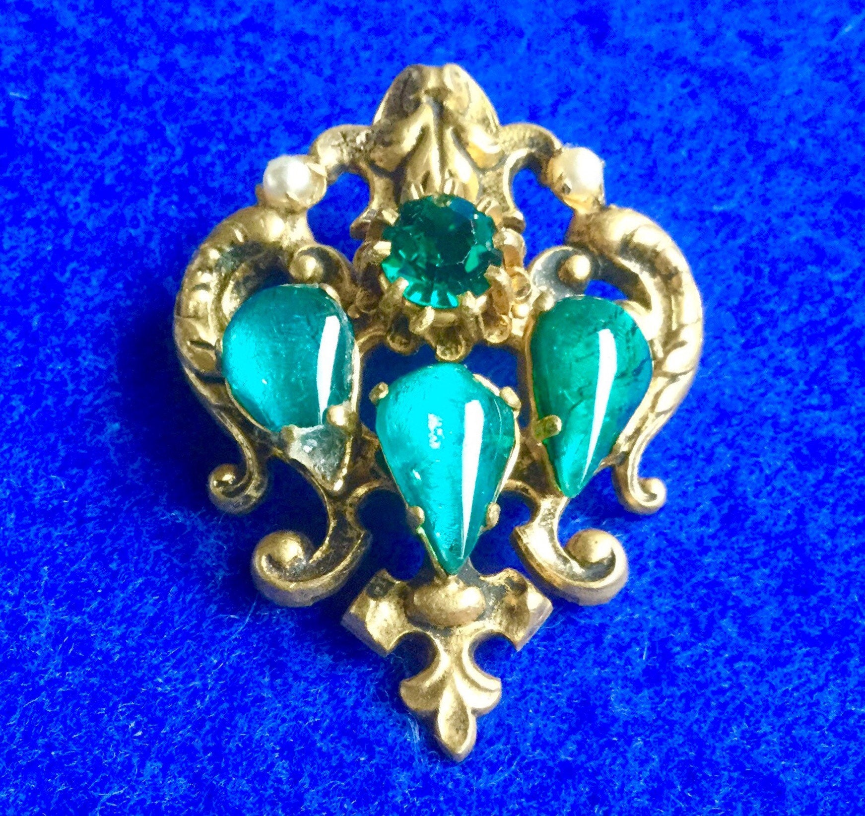 French Brass Brooch With Green Glass Stones - Etsy