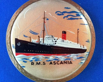 Rare Vintage Stratton Gold foil Powder Compact, Depicting Hand-Painted R.M.S. ASCANIA Cunard Line Ocean Going Liner