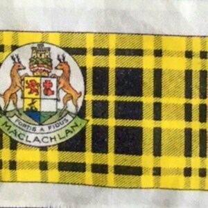 Könnte beinhalten: Ein gelber und schwarzer Tartan mit einem Wappen mit zwei Hirschen und dem Text "Fortis A Fidius MacLachlan".