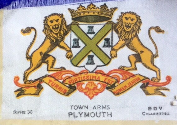 Plymouth Antique Horizontal Silk Cigarette Card by Bdv, from the TOWN ARMS  Series 30 From Godfrey Philips Ltd