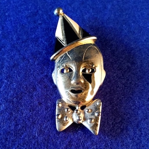 1950s Pierrot Brooch - Classic 1950s Clown Brooch in Reflective Goldtone with Tearful Eye, Pointed Hat, Studded Bow Tie Black Enamel Details image 1