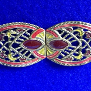 Antique 1920s Egyptian Revival Pressed Brass, Enamelled & Painted Double Art Deco Geometric Motif Belt Buckles with Clip