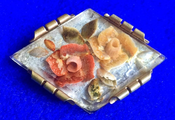 1940s Lucite Brooch - Reversed Carved Roses with … - image 1