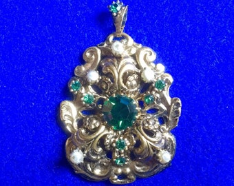 Bohemian Brass , Green Rhinestone and Faux seed Pearls , Pendant