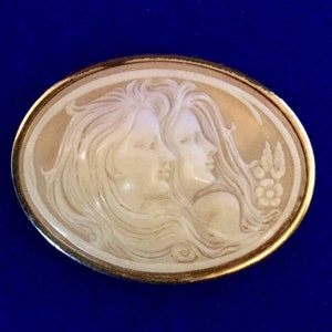 Beautiful Art Nouveau Style Cameo from the 1970s - Oval Gilt Frame depicting Two Girls with Flowing Hair