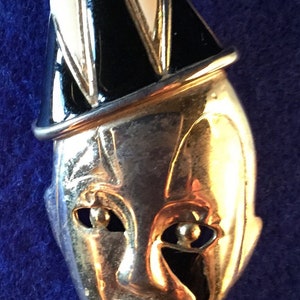 1950s Pierrot Brooch - Classic 1950s Clown Brooch in Reflective Goldtone with Tearful Eye, Pointed Hat, Studded Bow Tie Black Enamel Details image 4
