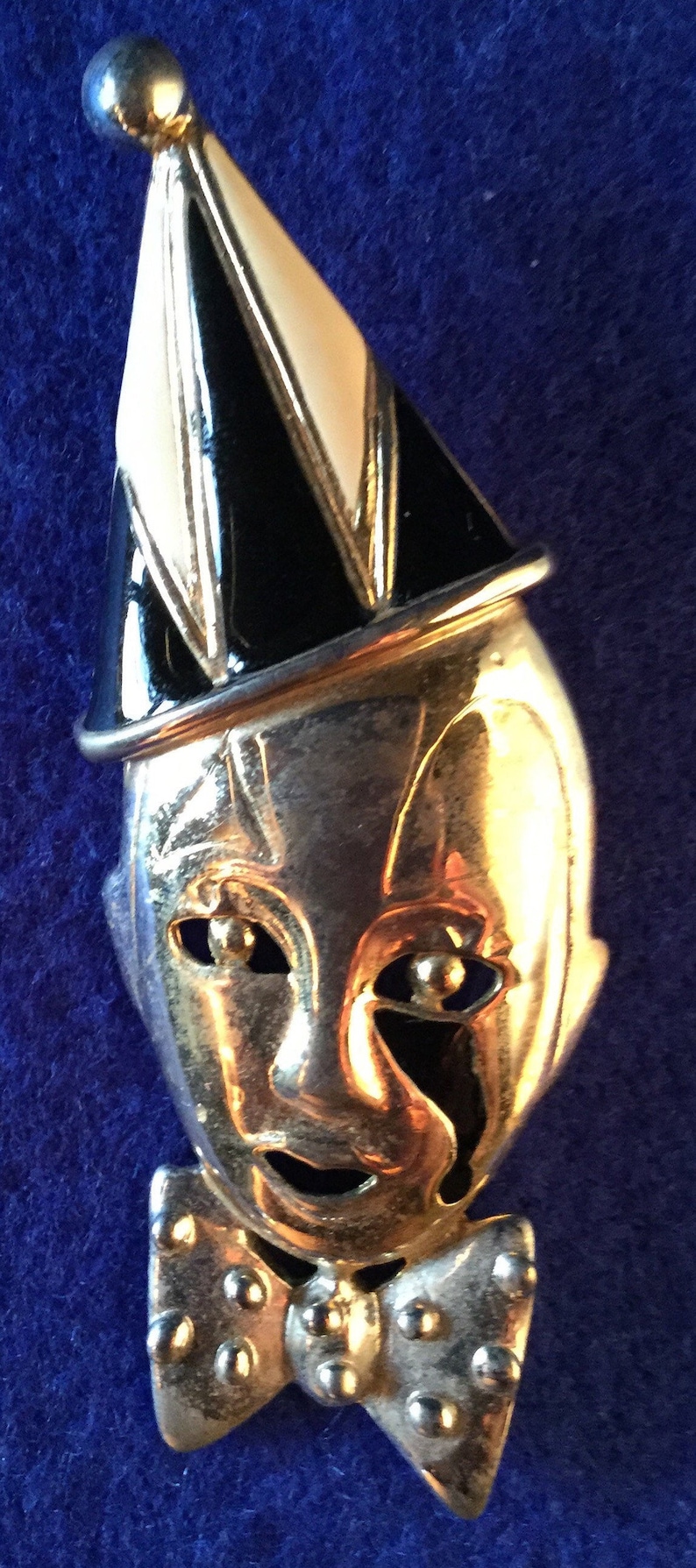 1950s Pierrot Brooch - Classic 1950s Clown Brooch in Reflective Goldtone with Tearful Eye, Pointed Hat, Studded Bow Tie Black Enamel Details image 4