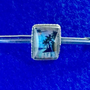 Stunning Antique 1920s Butterfly Wing Reverse Painted Morpho Jewellery - Sterling Silver Rectangular Lapel, Cravat or Tie Pin