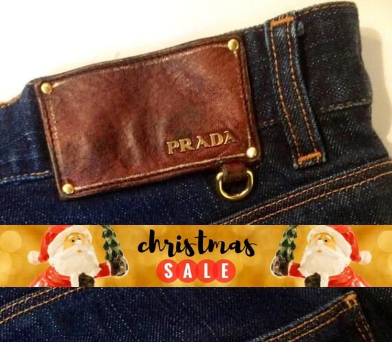 Image of Prada Mens Stretch Easy Fit Straight Leg Jeans Five Button Fly 34 Inch Waist 30 Red Stripe Leather Logo Tag With Ring