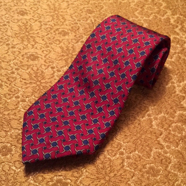 Vintage 1980s Hermès Tie - Hermès Paris 100% Silk Necktie in a distinctive Geometric Design in Blue Spheres on a Burgundy Ground