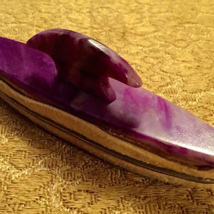 Collectible Vintage 1930s Nail Buffer with Celluloid Handle on Wooden Rocker with Removable Chamois Leather Buffing Pad