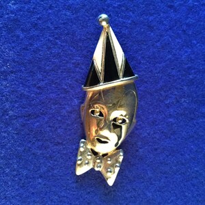1950s Pierrot Brooch - Classic 1950s Clown Brooch in Reflective Goldtone with Tearful Eye, Pointed Hat, Studded Bow Tie Black Enamel Details image 2