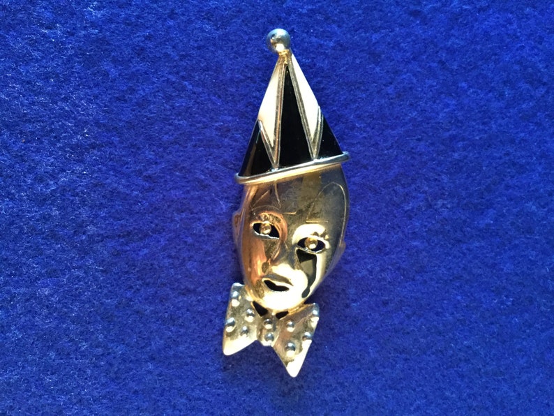 1950s Pierrot Brooch - Classic 1950s Clown Brooch in Reflective Goldtone with Tearful Eye, Pointed Hat, Studded Bow Tie Black Enamel Details image 2