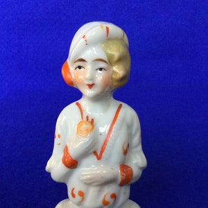 1920s Art Deco Half Doll  - Foreign Glazed Bisque Half Doll with Jaunty Hat with Pom Pom, Art Deco Jumper with Paisley Design