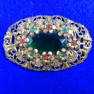 Art Nouveau Bohemian Brooch with large central green glass stone